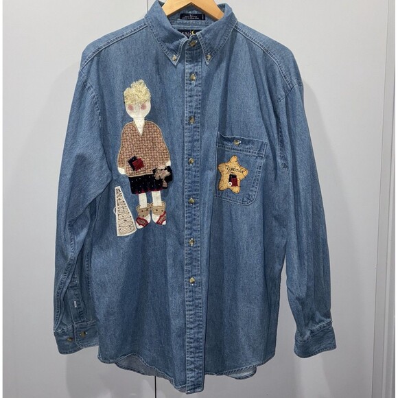 Vintage Jackets & Blazers - Vintage Luna Pier Folk Art Cheer Mom Denim Shacket Hand Appliqué Made Hong Kong